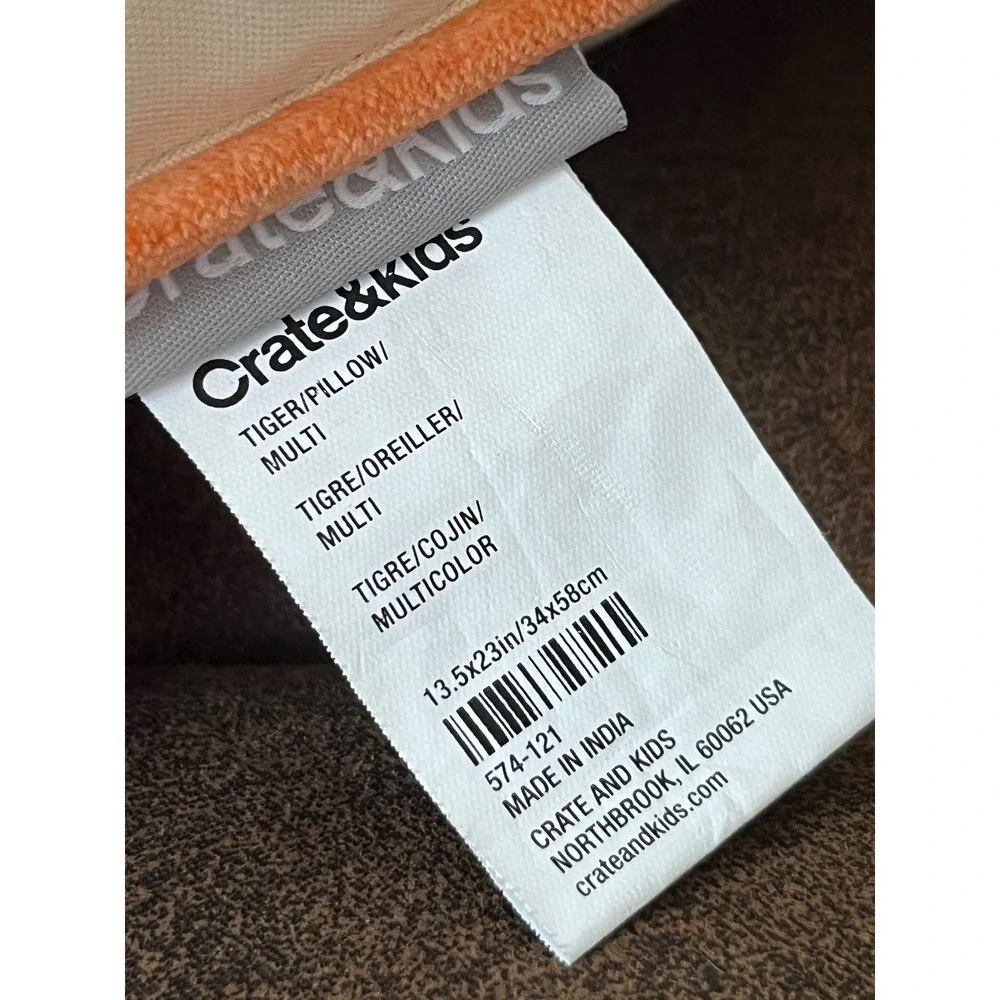 CRATE & BARREL KIDS Tiger Embroidered Throw Pillow ORANGE VELVET PIPING Cotton
